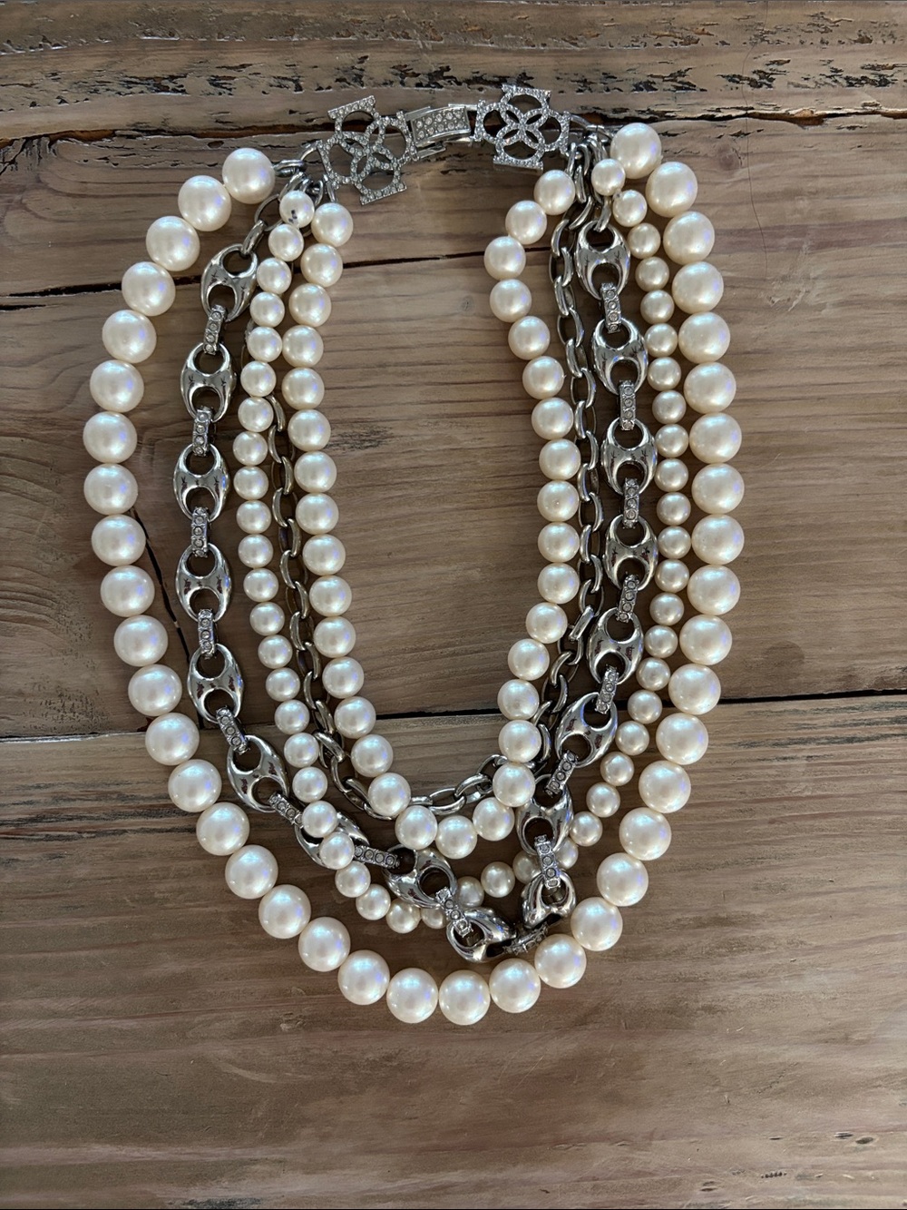 Ann Taylor Multi-Strand Pearl and Silver Chain Statement Necklace